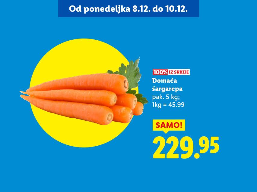 Akcija na domaće šargarepe, pakovanje od 5 kg za 229.95 dinara, od 8. do 10. decembra.