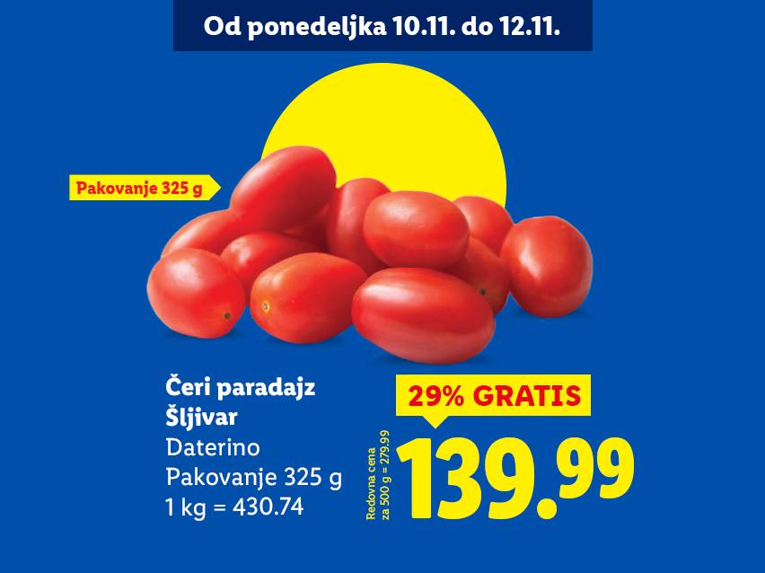 Ponuda čeri paradajza Daterino, pakovanje 325g, sa 29% gratis i cenom od 139.99.