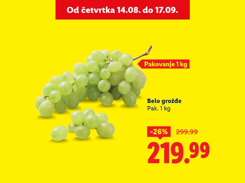 Belo grožđe u pakovanju od 1 kg, sniženo sa 299.99 na 219.99, ponuda važi od 14.08. do 17.09.