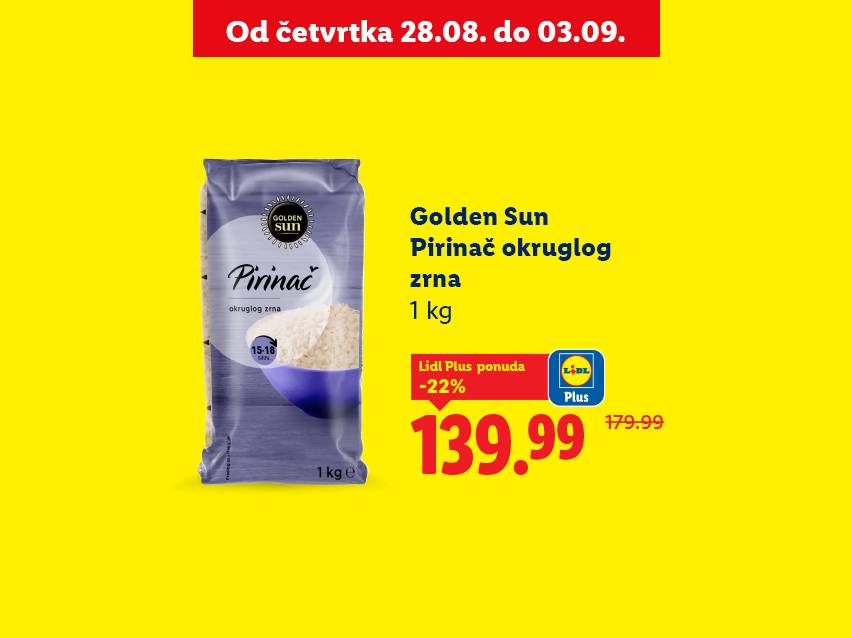 Golden Sun pirinač okruglog zrna, 1 kg, na akciji sa Lidl Plus ponudom.