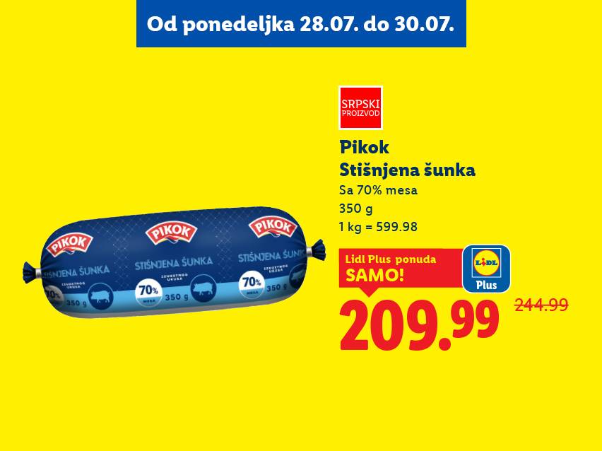Lidl Plus ponuda: Pikok stišnjena šunka (350g) samo 209.99 din.