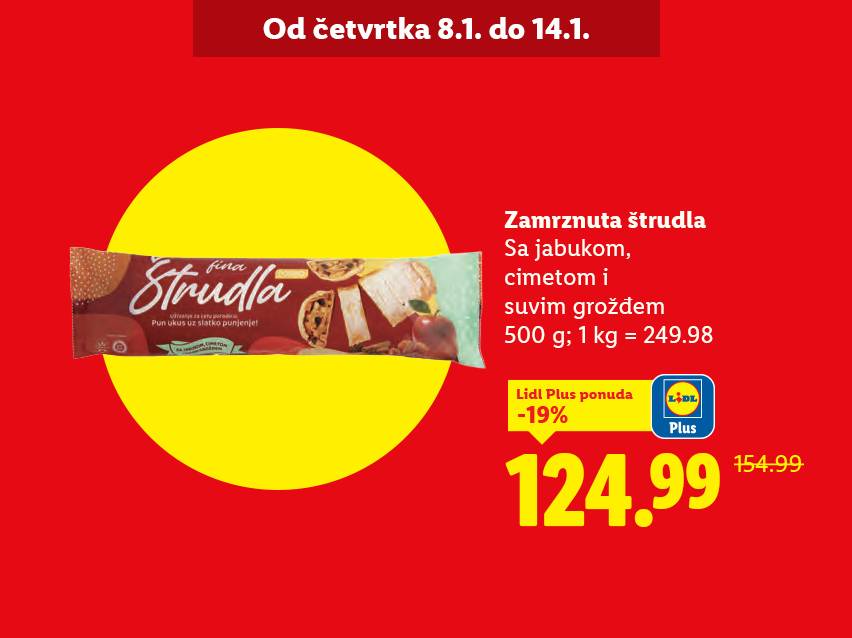 Lidl ponuda: Smrznuta štrudla sa jabukom, cimetom i suvim grožđem, snižena na 124.99 RSD.