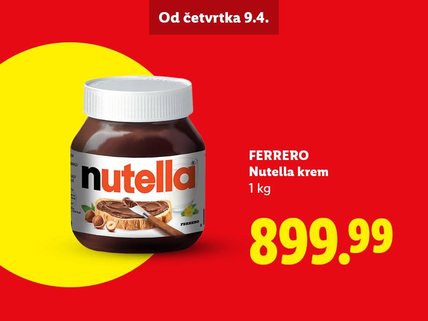 Tegla čokoladnog krema od 1 kg na crvenoj pozadini sa žutim krugom, cena 899.99.