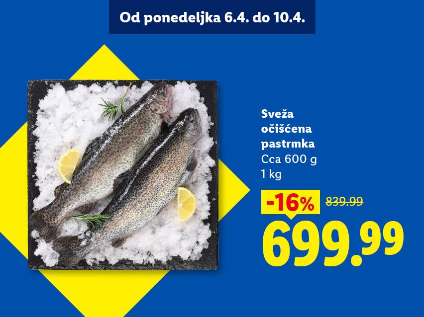 Sveža očišćena pastrmka na ledu sa limunom i ruzmarinom, snižena 16% na 699.99.