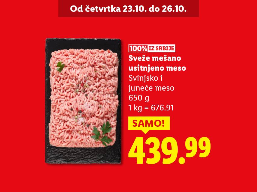 Mleveno svinjsko i juneće meso, 650g, po ceni od 439.99 dinara, akcija od 23.10. do 26.10.