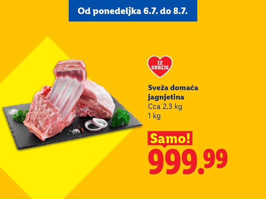 Sveža domaća jagnjetina iz Srbije, 1 kg za 999.99 RSD, ponuda od 6. do 8. jula.