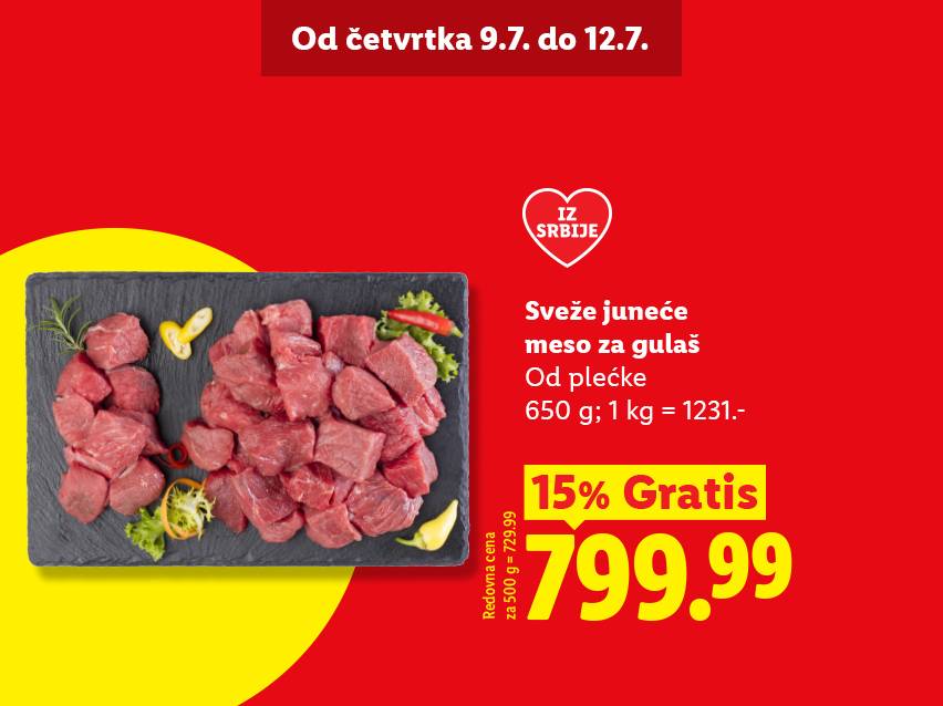 Sveže juneće meso za gulaš iz Srbije, 650g za 799.99 dinara, sa 15% gratis.