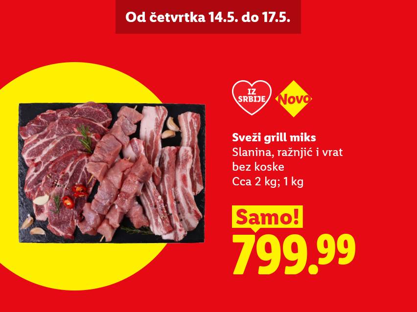 Sveži grill miks sa slaninom, ražnjićima i vratom bez koske, 2 kg za 799.99 dinara, ponuda od 14. do 17. maja.