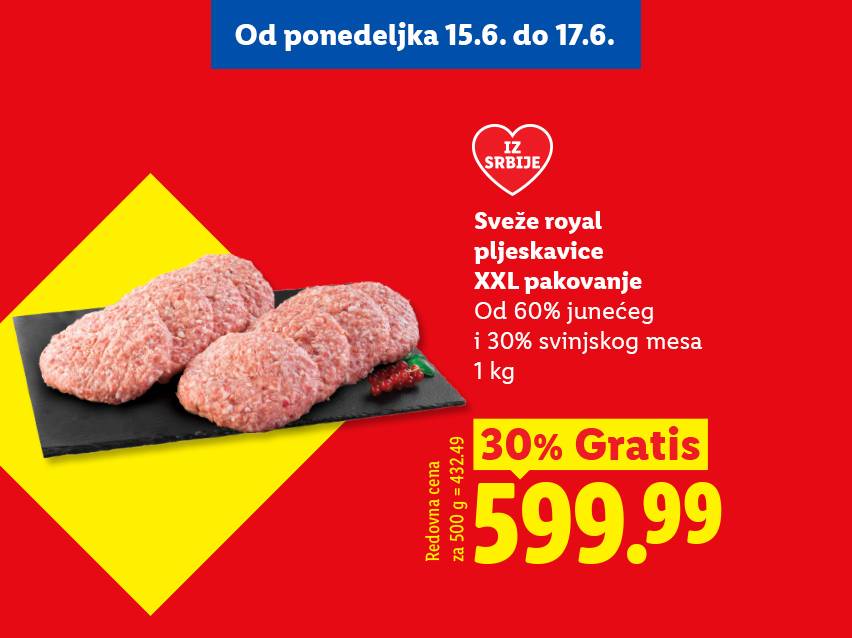 Reklama za sveže royal pljeskavice XXL pakovanja od 1kg, sa 30% gratis i cenom od 599.99.
