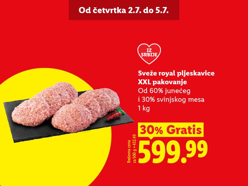 Sveže royal pljeskavice, XXL pakovanje od 1 kg, sa 30% popusta, cena 599.99 RSD.
