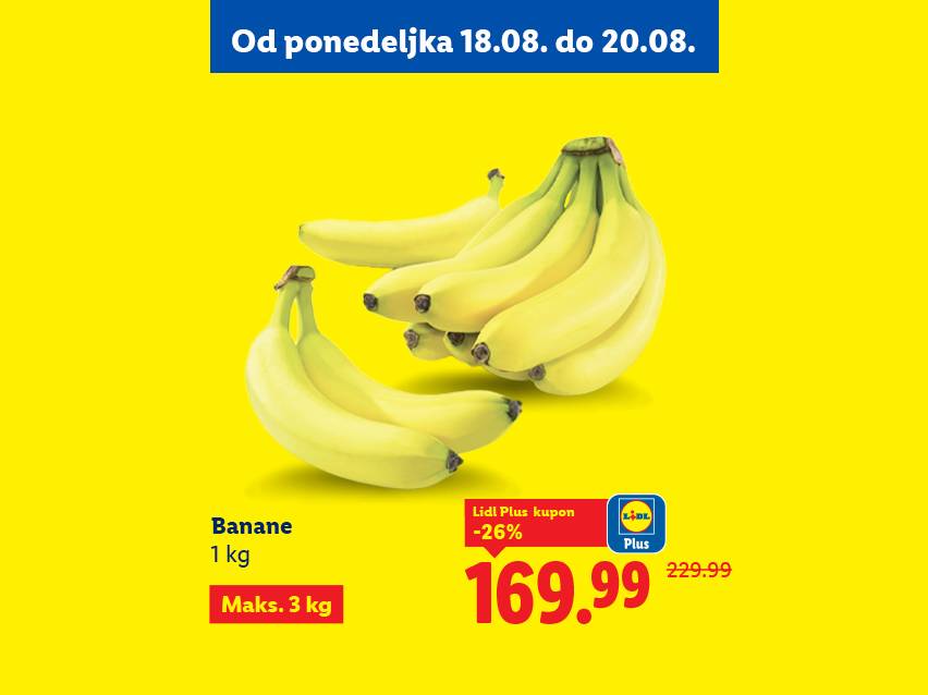 Lidl ponuda banana sa popustom od 26% uz Lidl Plus kupon, dostupna od 18. do 20. avgusta.