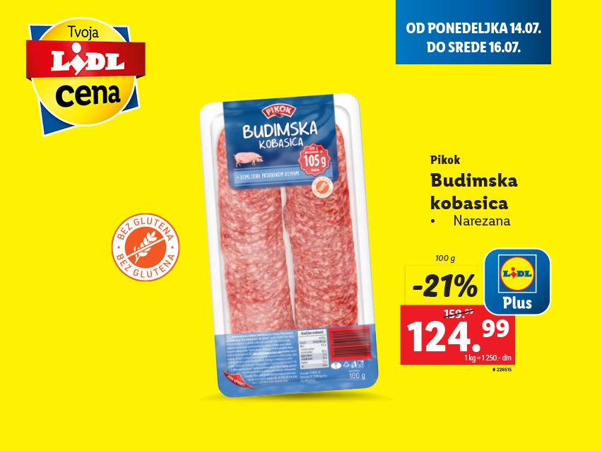 Lidl Plus akcija: Pikok Budimska kobasica narezana, -21%, 124.99 din.