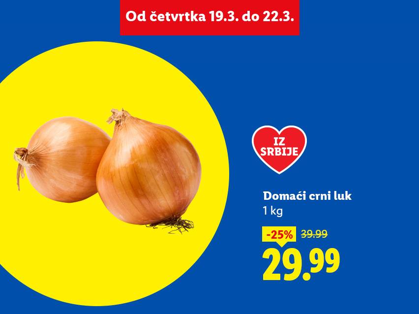 Domaći crni luk, 1 kg, sa popustom od 25%, sada 29.99, važi od 19.3. do 22.3.