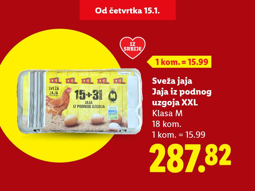 Sveža jaja XXL klase M, 18 komada, iz podnog uzgoja, po ceni od 287.82 RSD.