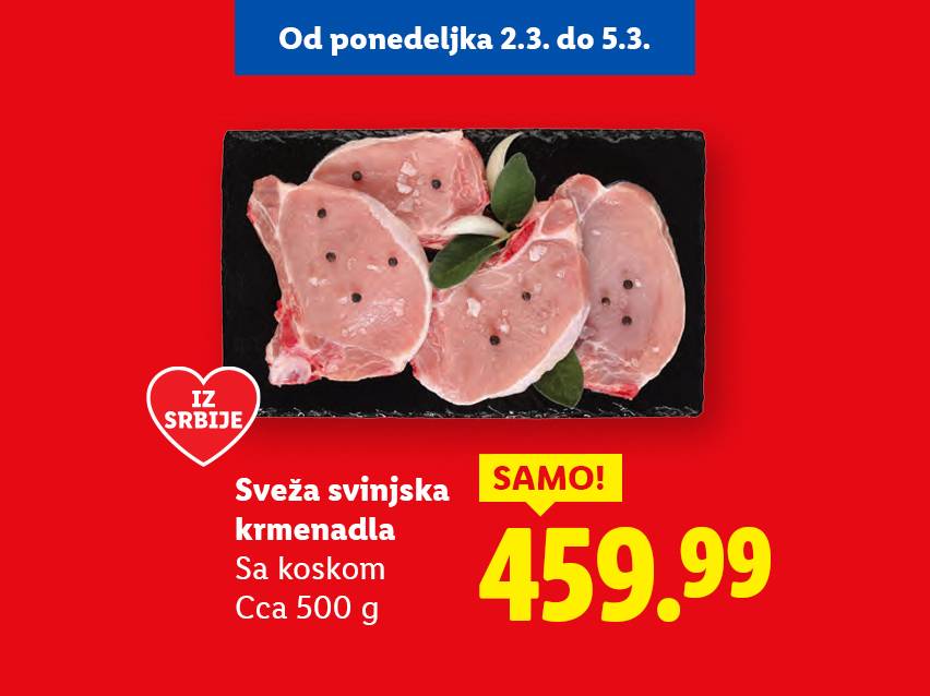 Sveža svinjska krmenadla sa koskom, cca 500g, iz Srbije, po ceni od 459.99, ponuda važi od 2.3. do 5.3.
