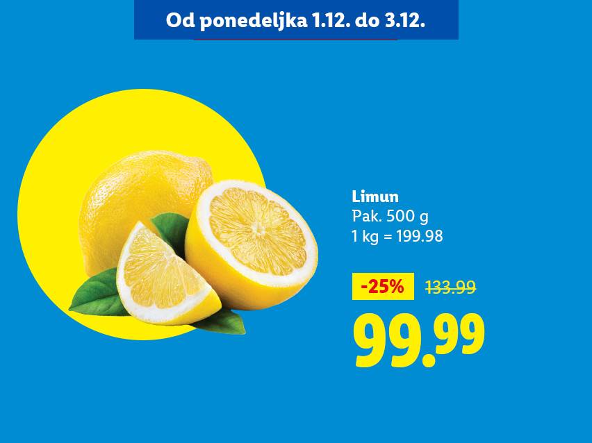 Reklama za limun sa popustom od 25%, cena 99.99 za pakovanje od 500g.