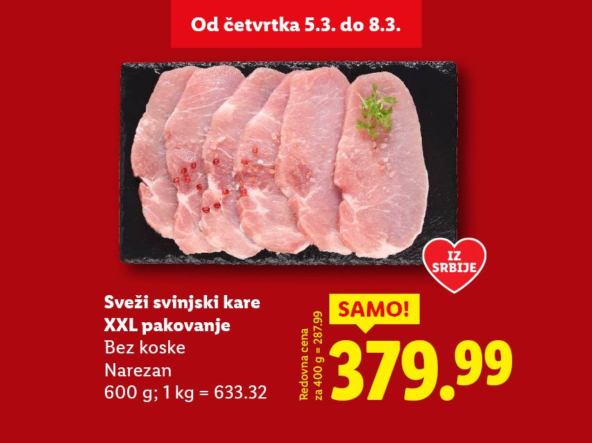 Sveži svinjski kare bez koske, XXL pakovanje, narezan, 600g, po ceni od 379.99 dinara.