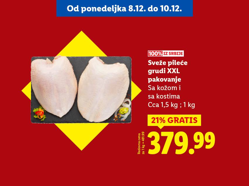 Sveže pileće grudi XXL pakovanje sa kožom i kostima, 1.5 kg, 21% gratis, 379.99 RSD.