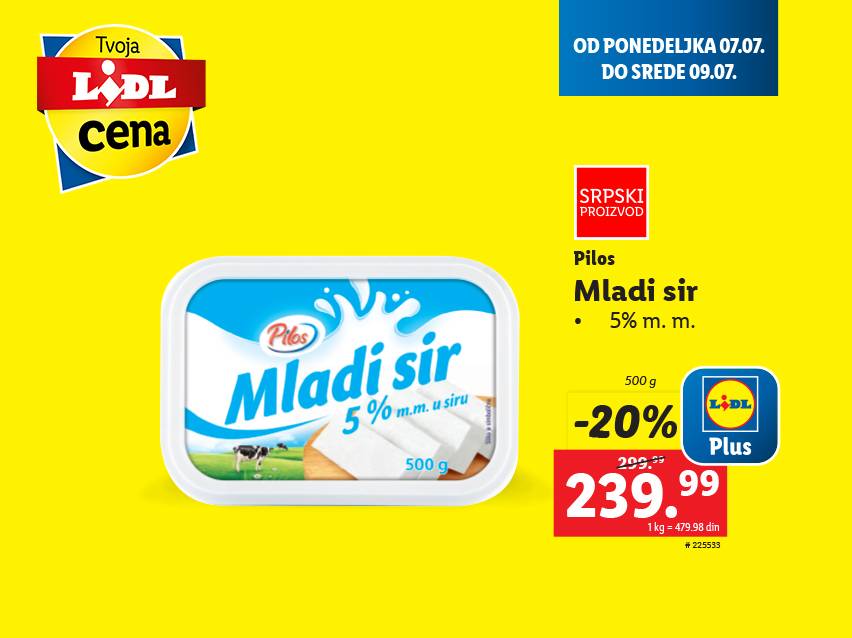 Lidl Plus akcija: Pilos mladi sir (500g) sa 20% popusta.