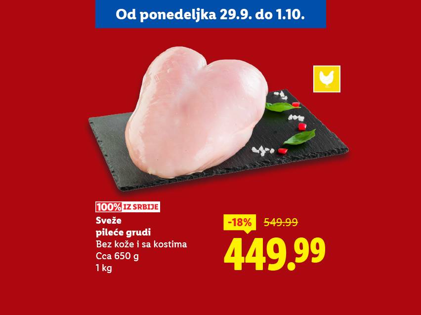 Sveže pileće grudi bez kože i kostiju, 100% iz Srbije, na akciji.