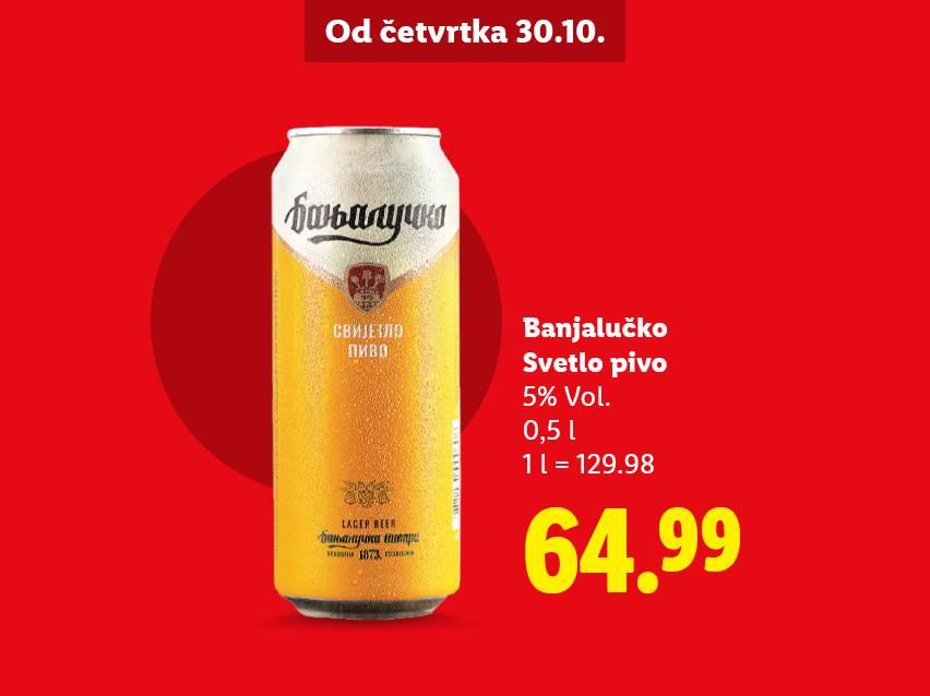 Banjalučko Svetlo pivo u limenci, 0,5 l, 5% Vol., cena 64.99.