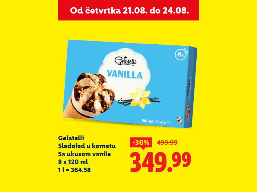 Reklama za sladoled Gelatelli sa ukusom vanile, snižen sa 499.99 na 349.99.