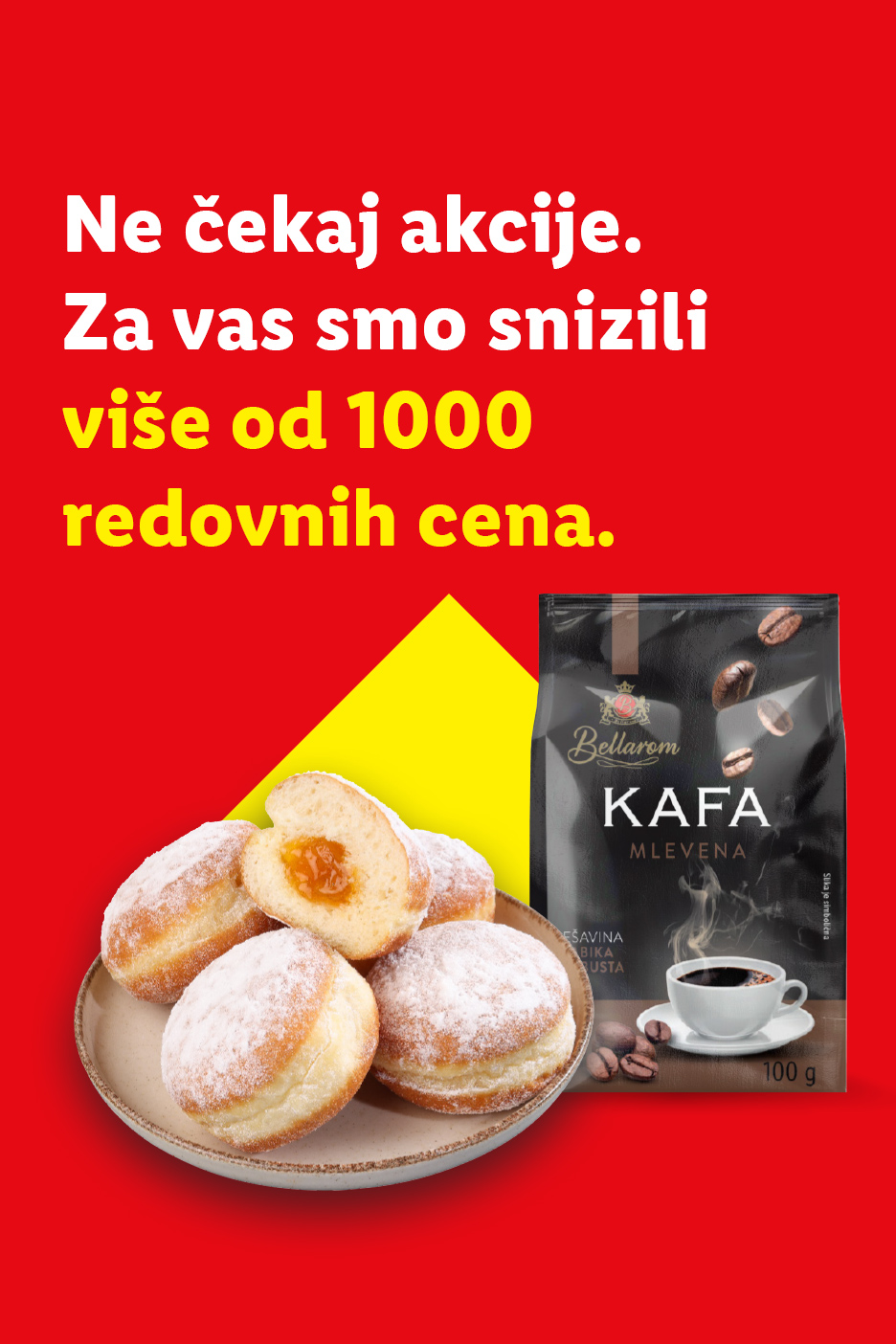 Reklama za kafu i krofne sa tekstom o sniženim cenama.