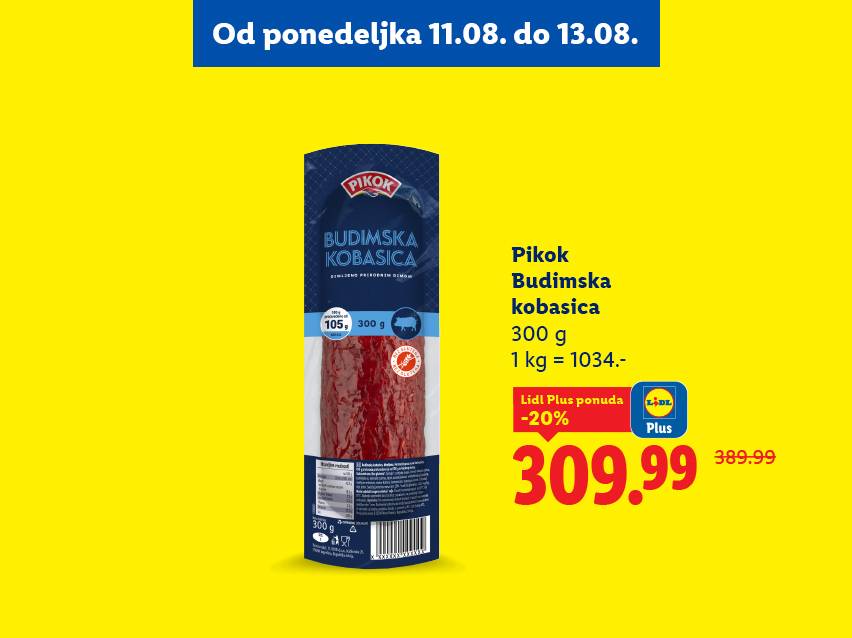 Pikok Budimska kobasica, 300 g, snižena cena 309.99 dinara.