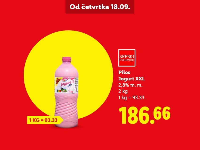 Pilos Jogurt XXL 2,8% m. m., 2 kg za 186.66, 1 kg = 93.33, od četvrtka 18.09.