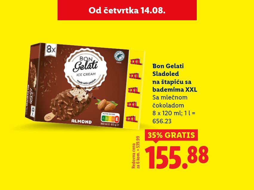 Reklama za Bon Gelati sladoled sa bademima, sa naznačenom cenom i popustom.