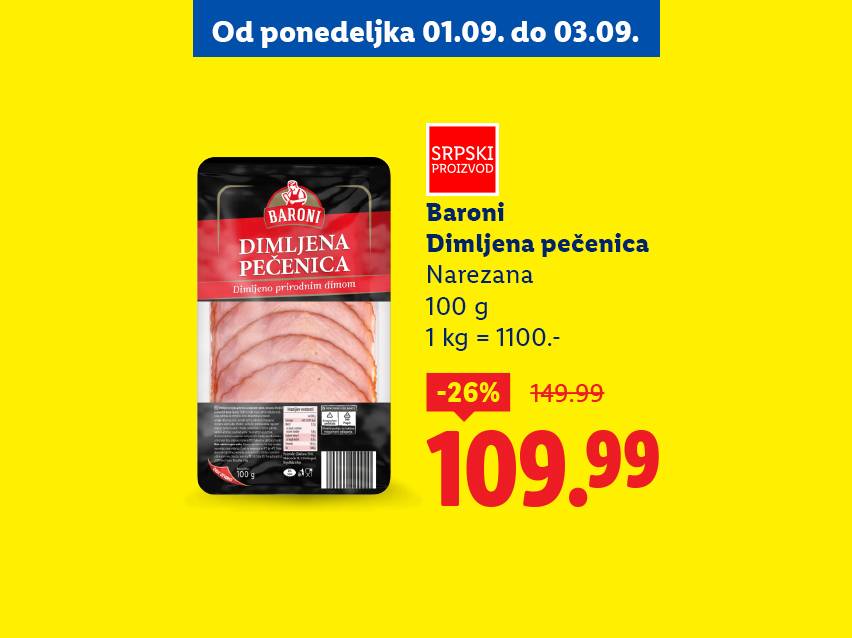 Pakovanje Baroni dimljene pečenice sa cenom od 109.99, sniženom sa 149.99.