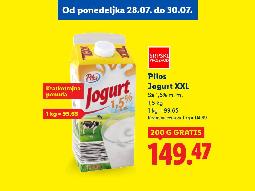 Pilosa XXL jogurt akcija: 1,5kg za 149,47 dinara + 200g gratis.