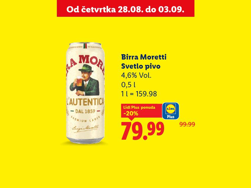 Reklama za Birra Moretti svetlo pivo, 0,5L, sa popustom za Lidl Plus.