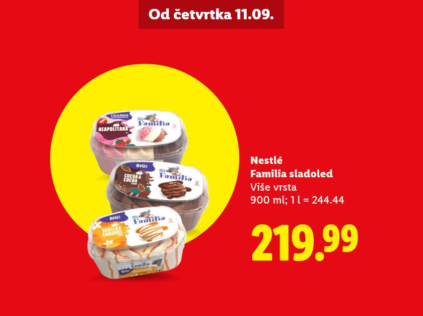 Nestlé Familia sladoled u tri ukusa: napolitanka, kakao i vanila-karamela, sa cenom.