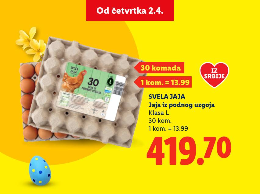 Pakovanje od 30 jaja iz podnog uzgoja, klasa L, po ceni od 419.70, dostupno od četvrtka 2.4.