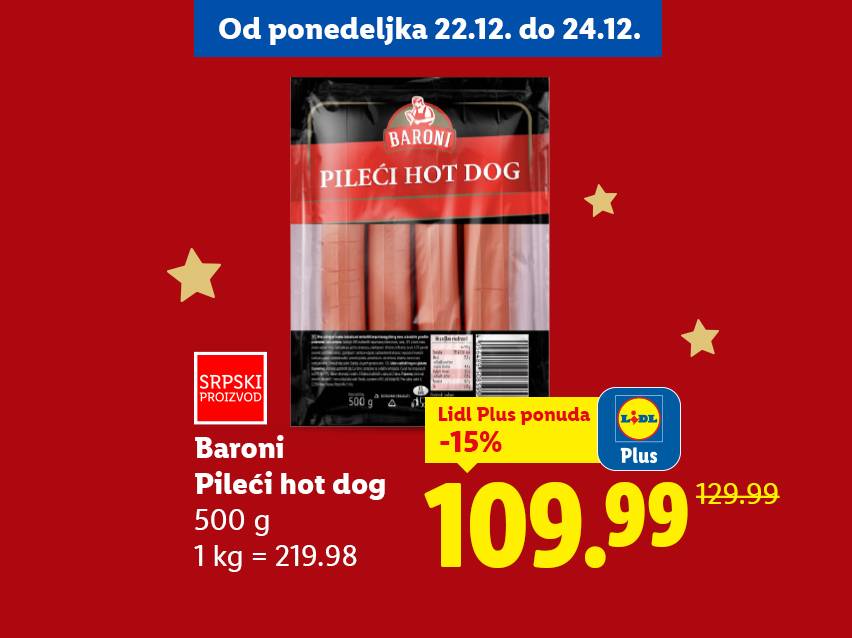 Lidl ponuda Baroni pilećih viršli, 500g, sa popustom od 15% za Lidl Plus korisnike.