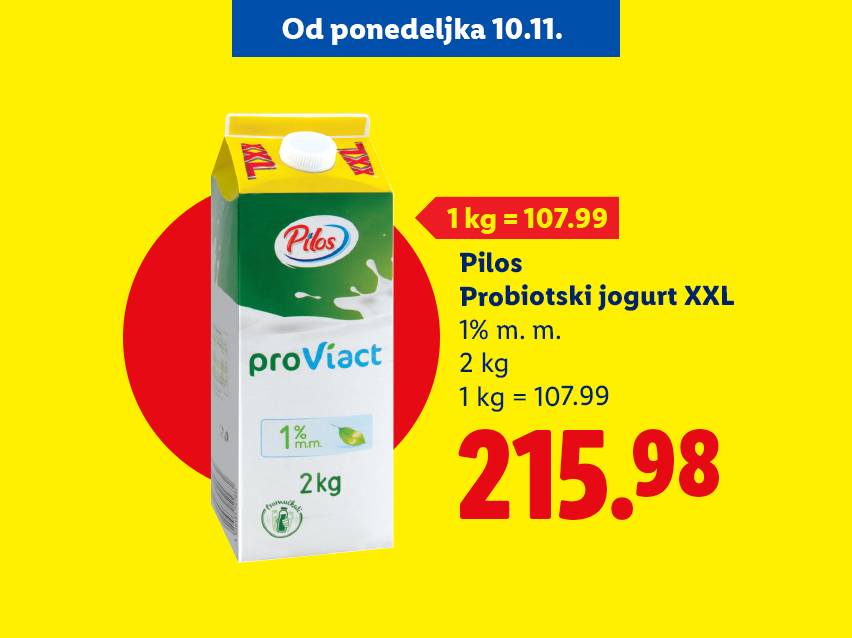 Pilos Probiotski jogurt XXL 1% m.m., 2 kg, po ceni od 215.98 RSD, sa cenom po kilogramu od 107.99 RSD.