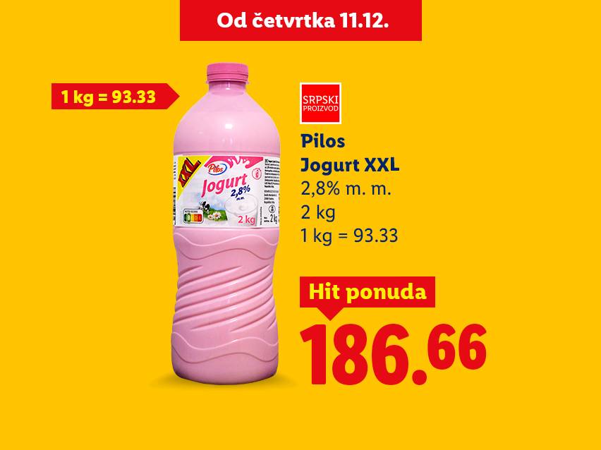Pilos Jogurt XXL 2,8% m.m. 2 kg za 186.66 dinara, sa cenom po kilogramu od 93.33 dinara.