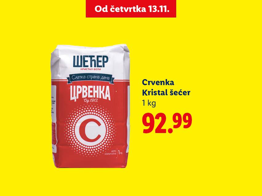 Crvenka kristal šećer, 1 kg, po ceni od 92.99, dostupan od četvrtka 13.11.
