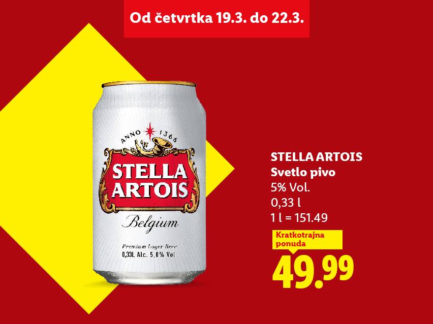 Reklama za svetlo pivo u konzervi, sa cenom i datumima ponude.