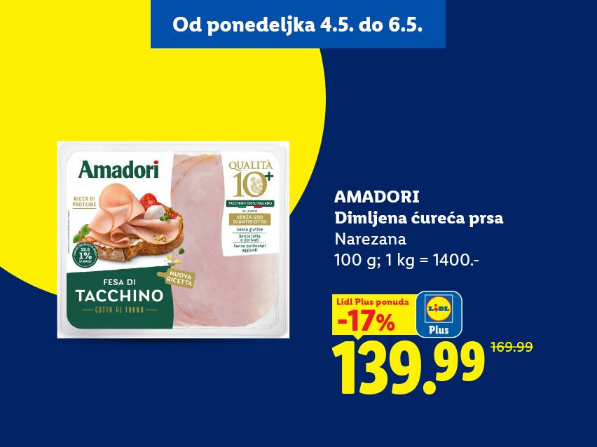 Pakovanje dimljenih ćurećih prsa, narezano, sa popustom od 17% i cenom od 139.99.
