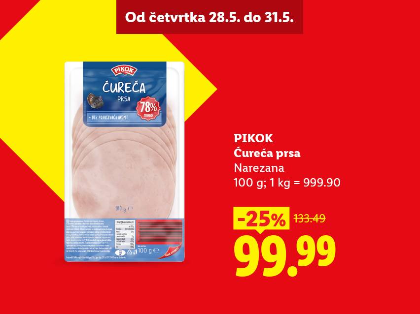 Pakovanje narezanih ćurećih prsa sa 78% mesa, sniženo 25% na 99.99.