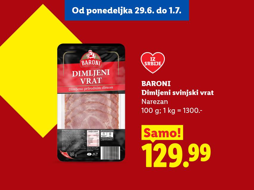 Pakovanje dimljenog svinjskog vrata, narezanog, sa cenom od 129.99 dinara za 100g.