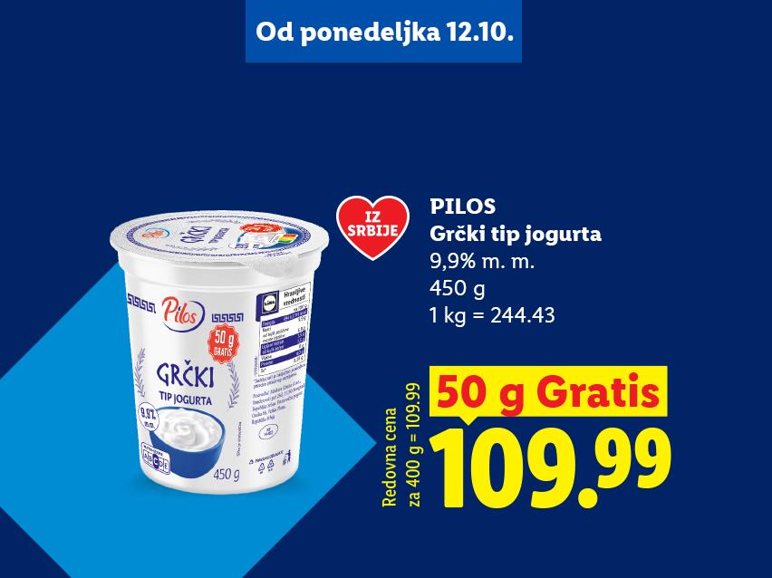 Grčki tip jogurta sa 9,9% mliječne masti u pakovanju od 450 g na akciji od ponedeljka 12.10.
