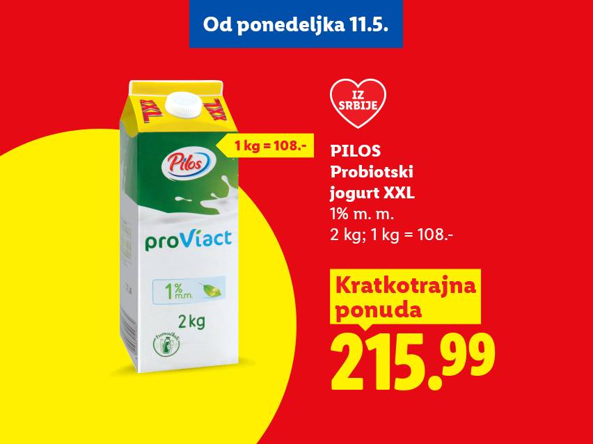 Reklama za probiotski jogurt XXL pakovanja od 2kg, sa cenom 215.99 i naznakom 'Kratkotrajna ponuda'.