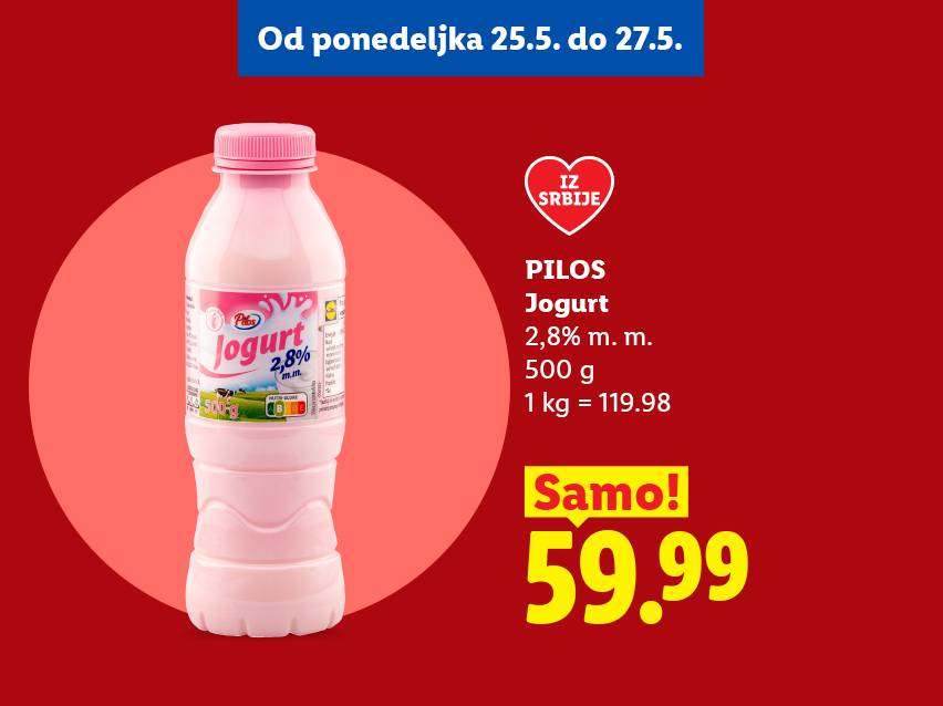 Reklama za jogurt od 500g sa 2,8% mlečne masti, po ceni od 59.99, važi od 25. do 27. maja.
