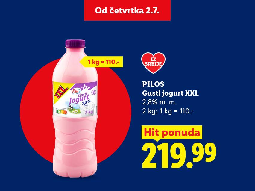 Reklama za gusti jogurt XXL od 2 kg sa 2,8% mlečne masti, cena 219.99 dinara.