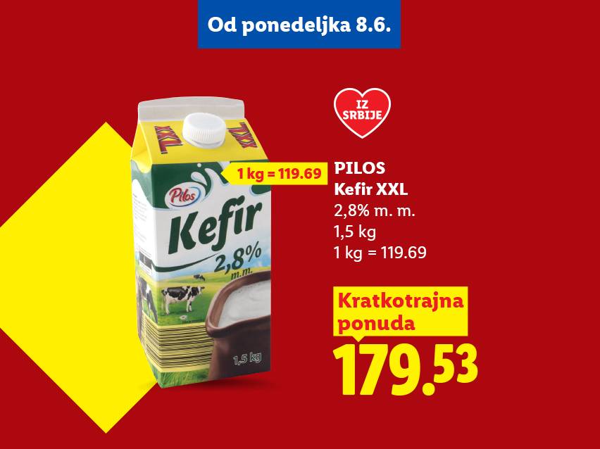 Kefir XXL 2,8% m.m. 1,5 kg, 1 kg = 119.69, kratkotrajna ponuda 179.53.