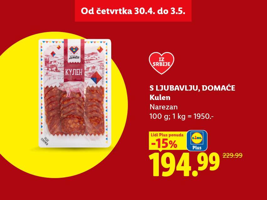 Pakovanje narezanog kulena sa popustom, istaknuta cena i datum trajanja ponude.