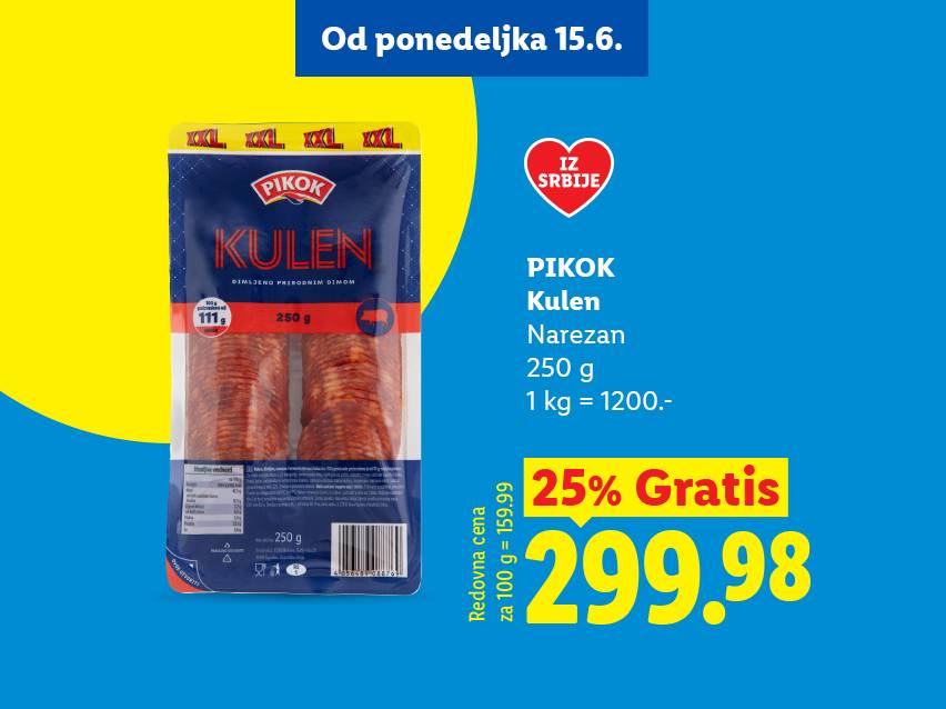 Pakovanje narezanog kulena od 250g, sa naznačenom cenom od 299.98 dinara i popustom od 25% gratis.